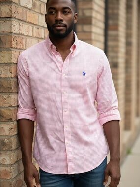 Ralph Lauren Men’s Pink Gingham Button-Down Shirt with Blue Pony